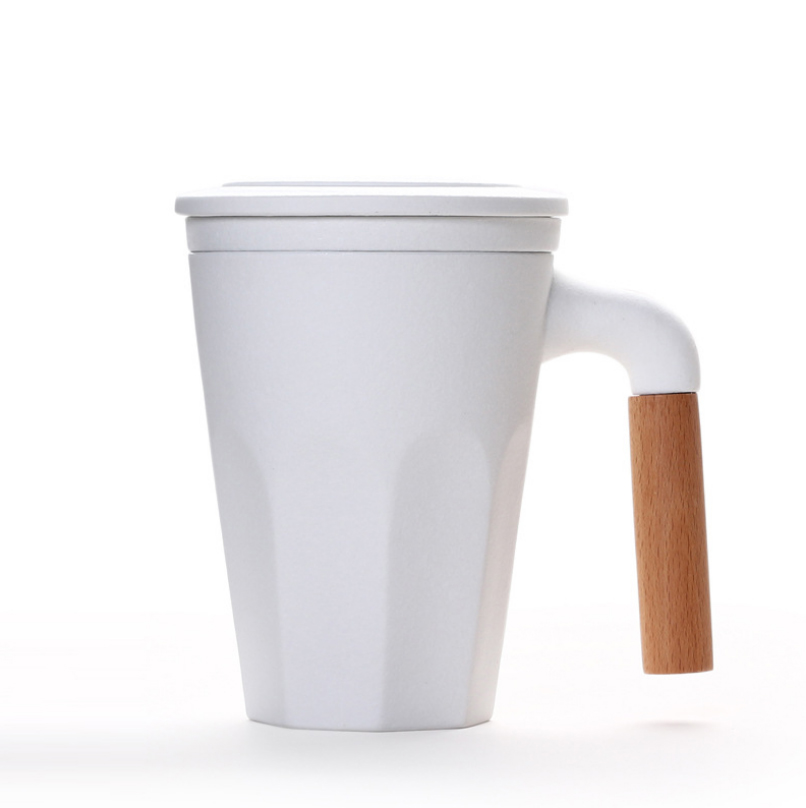 木柄泡茶杯帶蓋過濾茶杯 陶瓷馬克杯LOGO定制 商務禮品